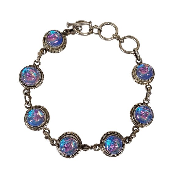 Artisan 7" Toggle Bracelet Dichroic Glass 925 Sterling Silver Purple Iridescent - Picture 2 of 8